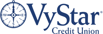 VyStar Credit Union logo featuring a compass icon to the left of the company name, shown in a presentation by Condoleezza Rice.