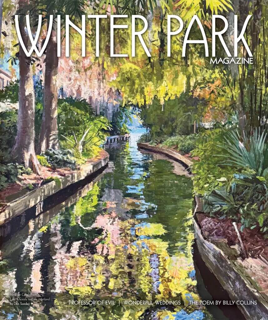 Winter Park Magazine cover featuring an oil painting of a narrow canal surrounded by lush trees, with article titles about a Central Florida nonprofit listed at the bottom.