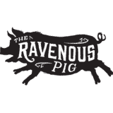 A black silhouette of a pig with the white text THE RAVENOUS PIG across its body.