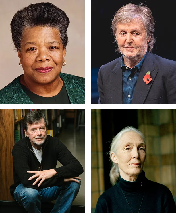 A collage of four Winter Park Institute guest speakers, including Maya Angelou, Paul McCartney, and Jane Goodall.
